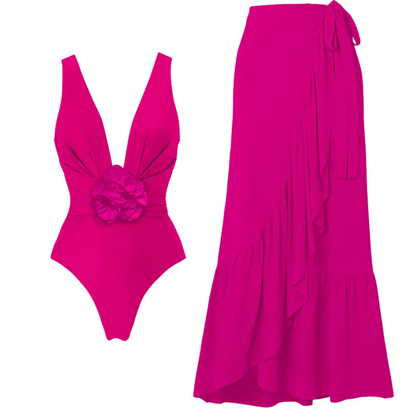 Red Flower One Piece Swimwear With Cover Up Trend Swimsuit 2025 Sexy Biquini Luxury Woman Swimsuit Beach Outing Bodysuit Bathsui voguable