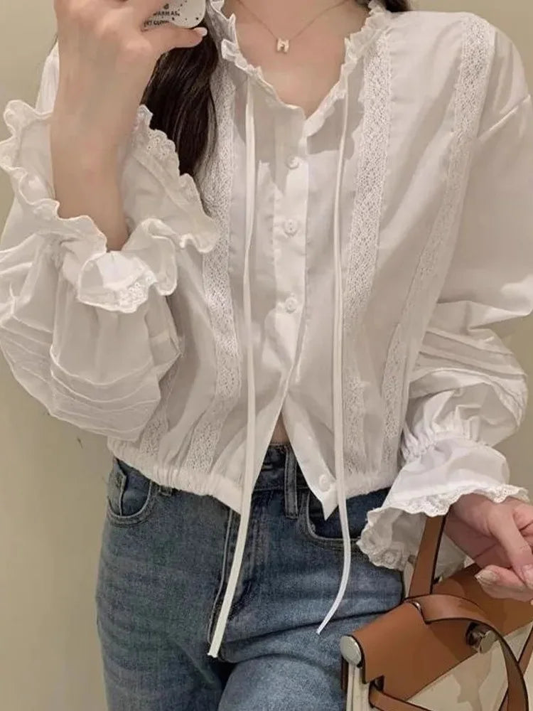 Sexy Slim Cropped White Shirt Women Sweet Lace Patchwork Flare Sleeve Blouse Fashion Fall Ruffled Neck Elegant Korean Chic Tops voguable