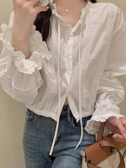 Sexy Slim Cropped White Shirt Women Sweet Lace Patchwork Flare Sleeve Blouse Fashion Fall Ruffled Neck Elegant Korean Chic Tops voguable