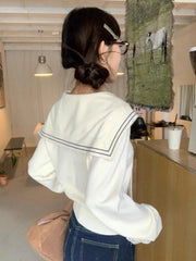 Sweet Sailor Collar Sweaters Women Vintage Preppy Style Fall Knitted Jumpers Casual Long Sleeve Lady Loose Striped Pullover New voguable