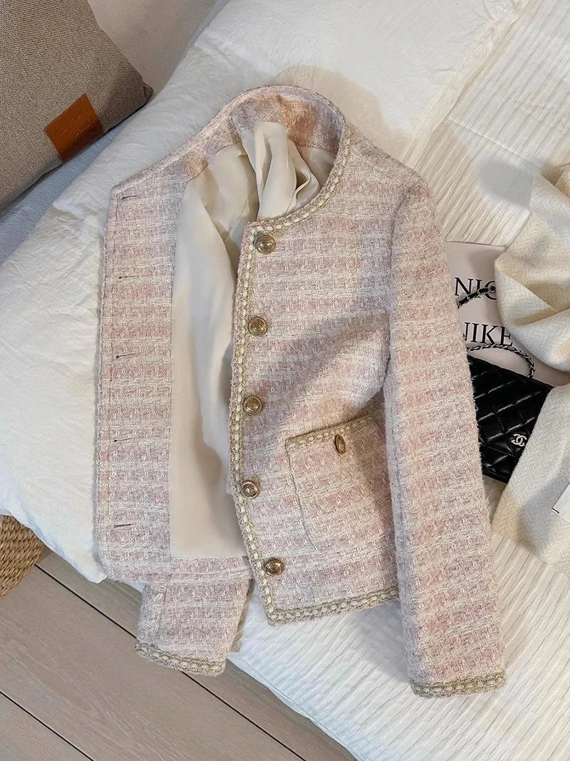 Pink Women Sweet Tweed Jacket Vintage Long Sleeve Slim O Neck Coat Korean Fall Winter Retro Small Fragrance Elegant Tops voguable
