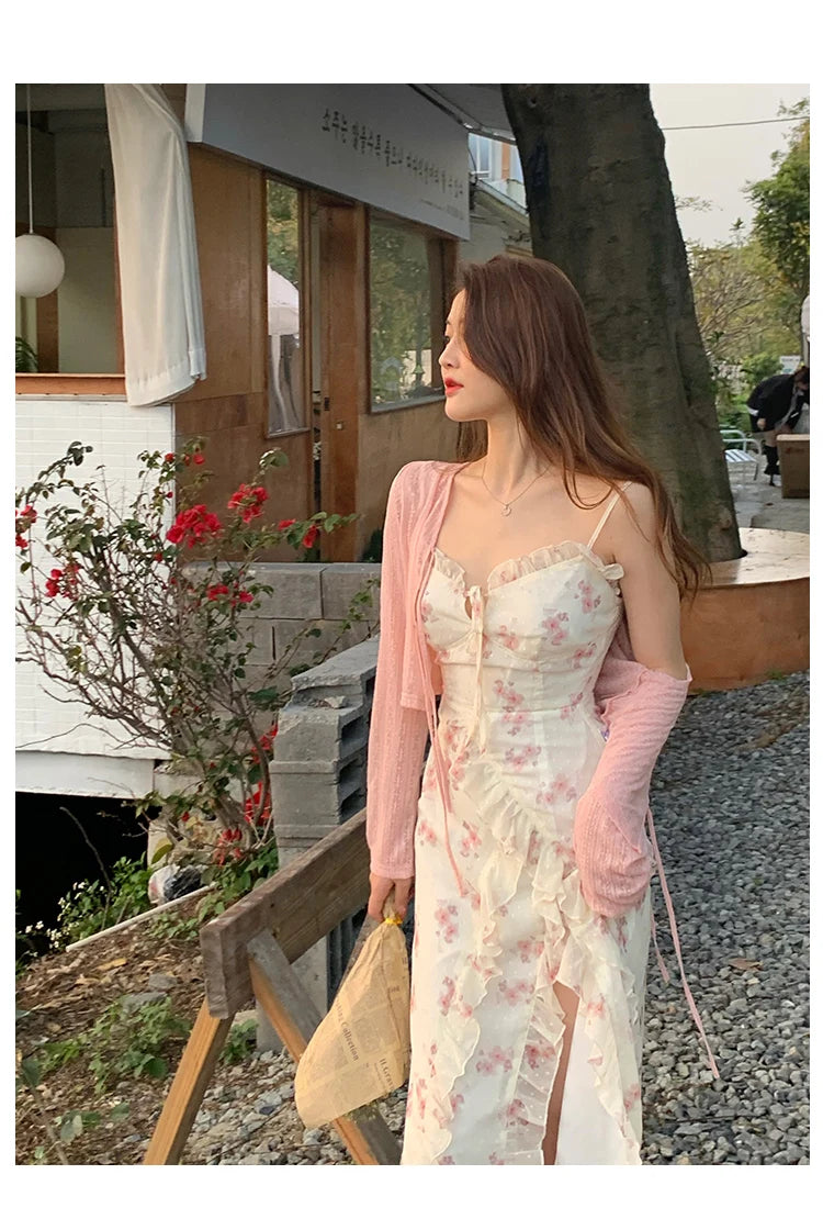 Voguable  Summer Floral Sleeveless Midi Dress Elegant Sexy French Vintage Strap Dress Woman Party One Piece Dress Korean voguable