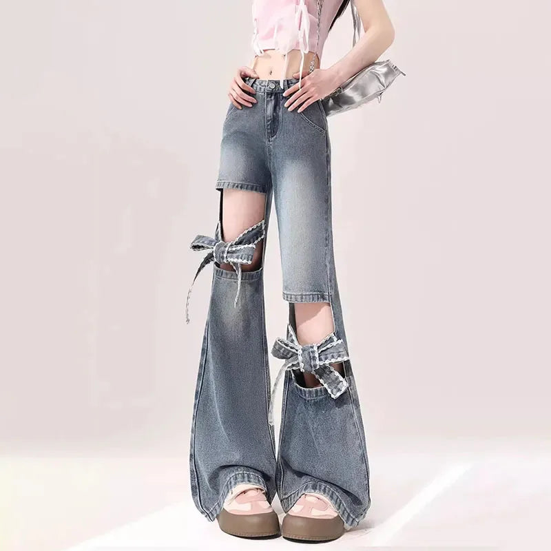 Voguable  High Street Hollow Strap Bow Jeans Women's Spring Summer New High Waist Slimming Spice Girls Denim Wide Leg Horn Pants voguable