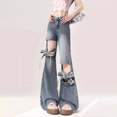 Voguable  High Street Hollow Strap Bow Jeans Women's Spring Summer New High Waist Slimming Spice Girls Denim Wide Leg Horn Pants voguable