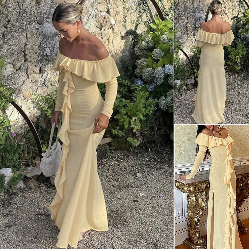 Mia Muse Women's Dresses Spring Princess Style Plain Long Sleeve Off Shoulder Flounce Side Slit Full Length Anniversary Dresses voguable