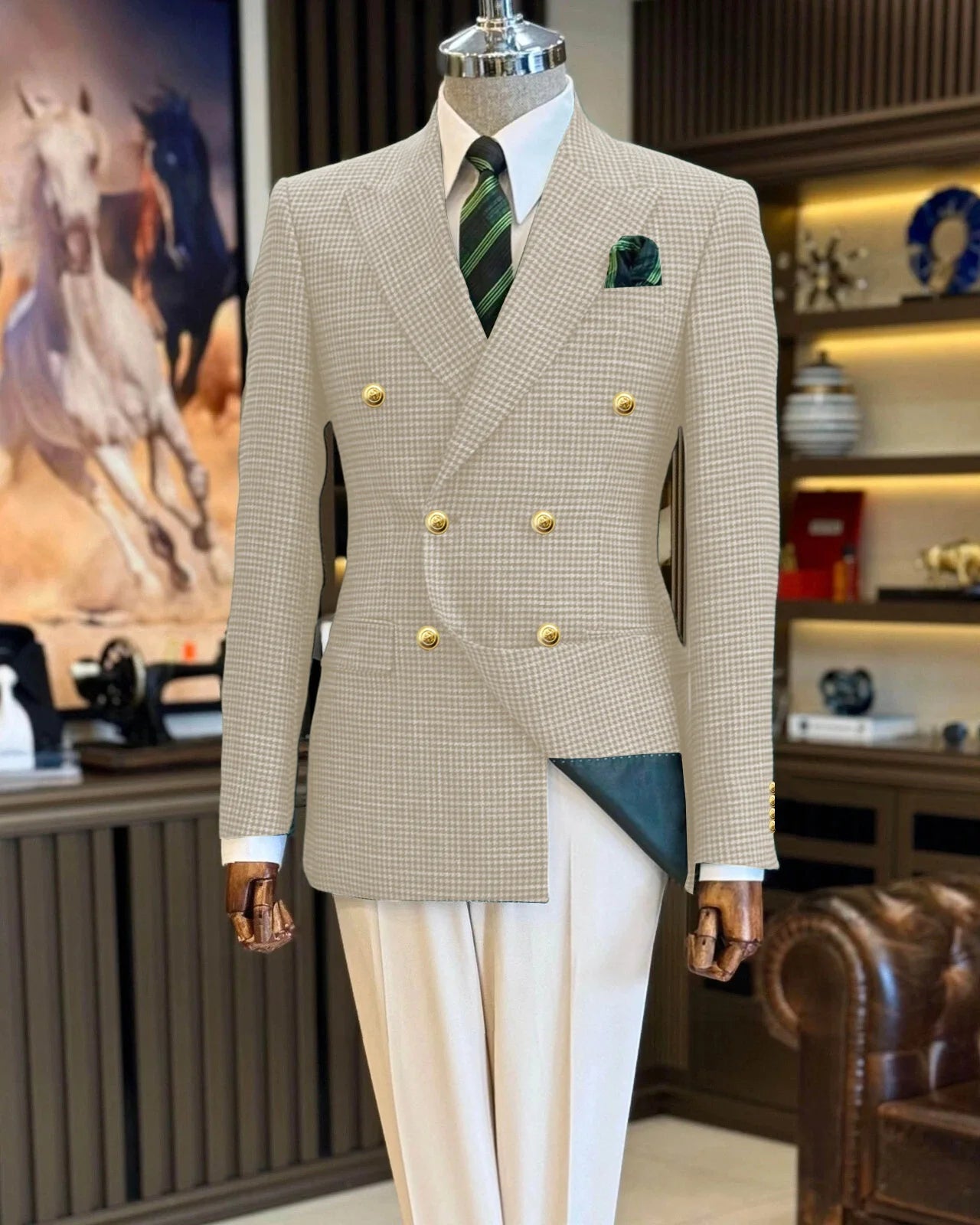 Voguable  Black Men's Suit Jacket Houndstooth Peak Lapel Double Breasted Business Regular Fit Blazer Man plus size voguable