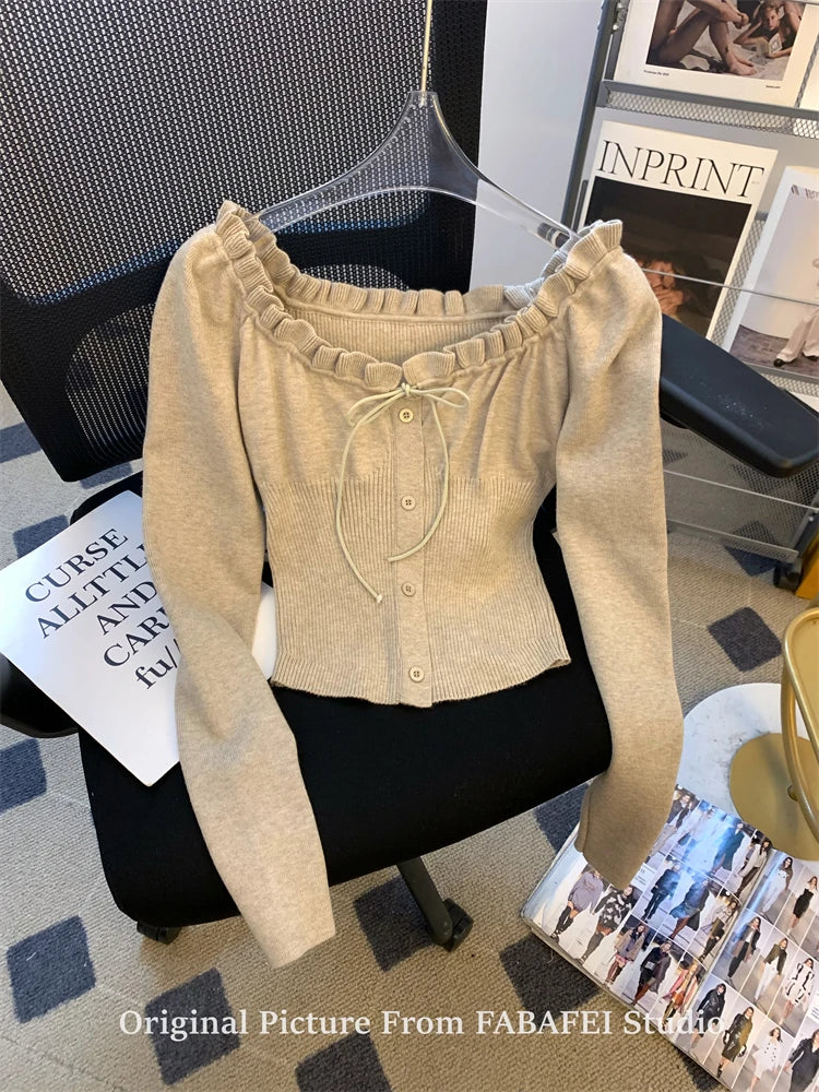 Autumn Winter Woman Slim Pullovers Slash Neck Sweater Long Sleeve Knitwear 2000s Aesthetic Korean Fashion Vintage Cute Core Chic Pbong