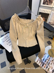 Autumn Winter Woman Slim Pullovers Slash Neck Sweater Long Sleeve Knitwear 2000s Aesthetic Korean Fashion Vintage Cute Core Chic Pbong