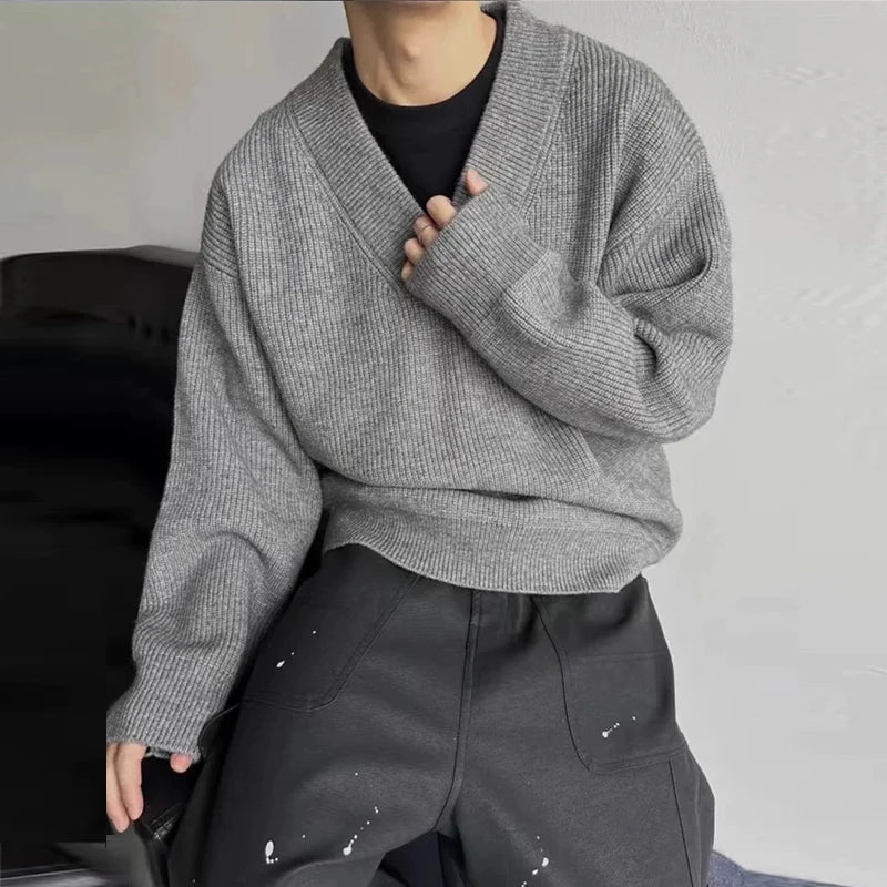 New American Vintge Men V Neck Sweaters Casual Drooping Solid Color Long Sleeve Knitwear Premium Quality Knitted Pullovers M-2XL voguable