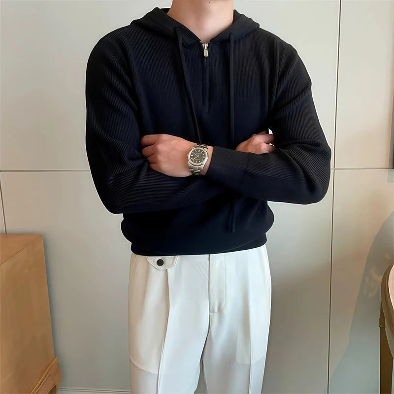 New British Leisure Men's Hooded Sweater Trendy Zip-up Preppy Style Slim-fit Long Sleeve Hoodies Casual Vintage Warmth Knitwear voguable
