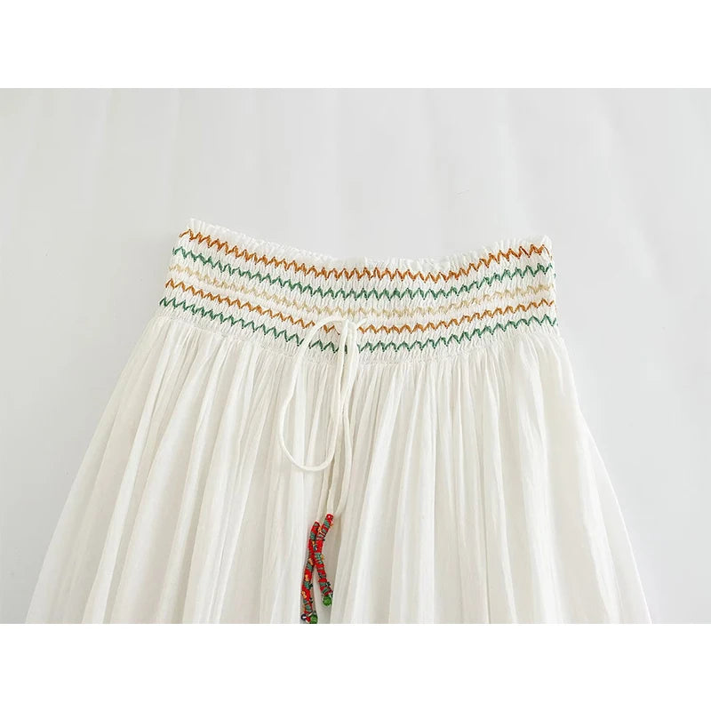 Voguable Women White Long Embroidered Skirt Vintage Drawstring Elastic Mid Waist Female Pleat Boho Skirts voguable