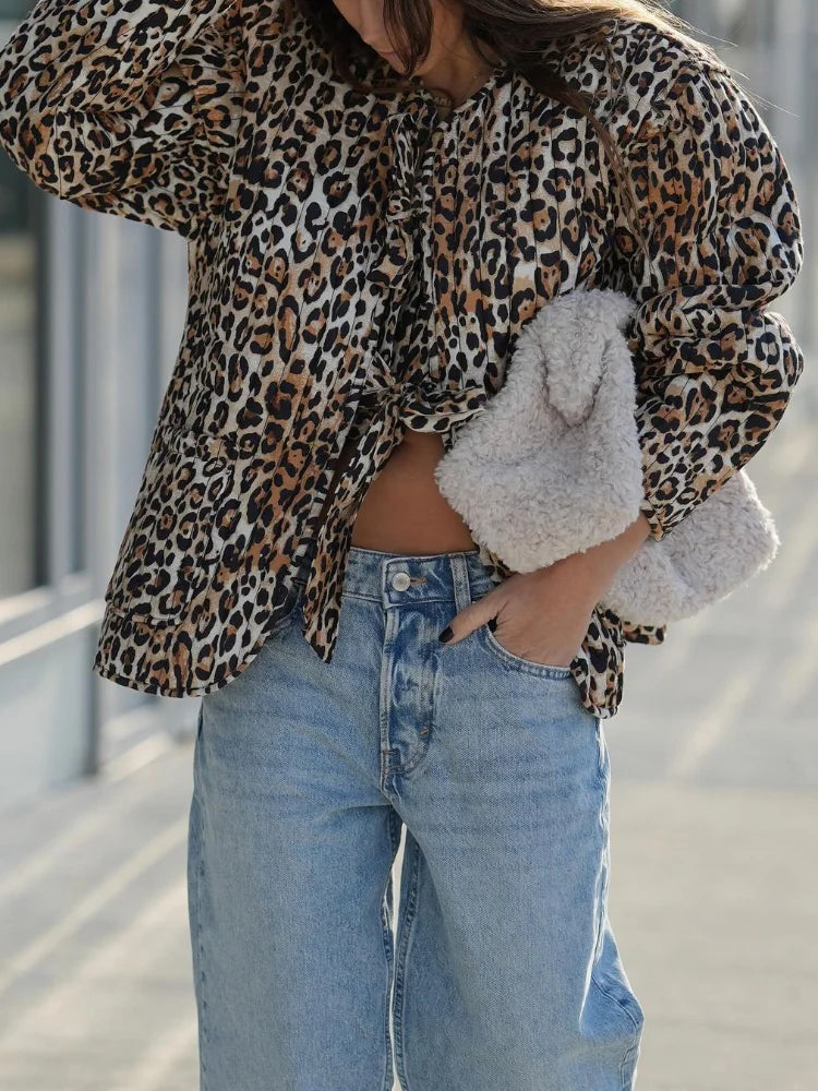 Leopard Print Lace Up Quilted Jacket Women Collarless Long Sleeves Patchwork Pocket Causal Coat Autumn Fashion Street Outerwear voguable