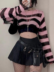 Voguable  Pink Contrast-paneled Crop Smock Top Y2K Aesthetic Cute Knitted Long Sleeve Pullover for Women Sweater Vintage Clothes voguable
