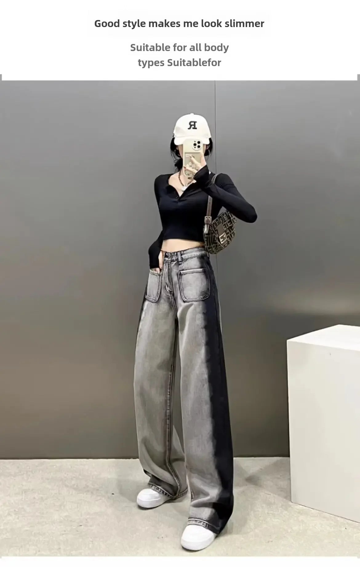 Black High-waisted Straight-leg Wide-leg Jeans Women's Trendy Slimming New Arrival Spring Summer Design Sensibility Grey voguable
