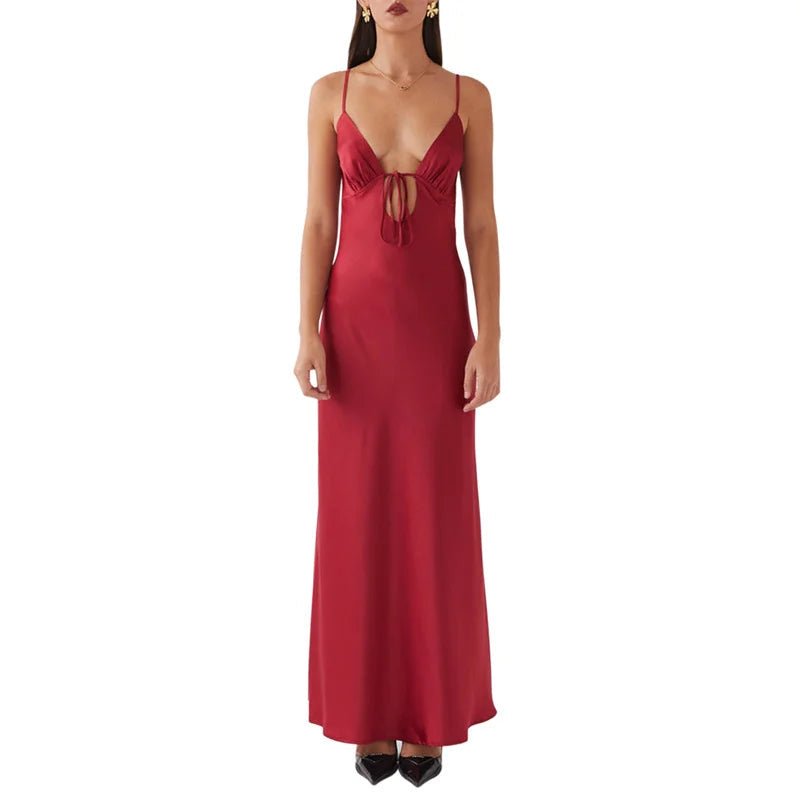 Sexy Long Dresses Women Solid Color V Neck Tie Up Spaghetti Strap Sleeveless Backless Dress Evening Party Dresses voguable
