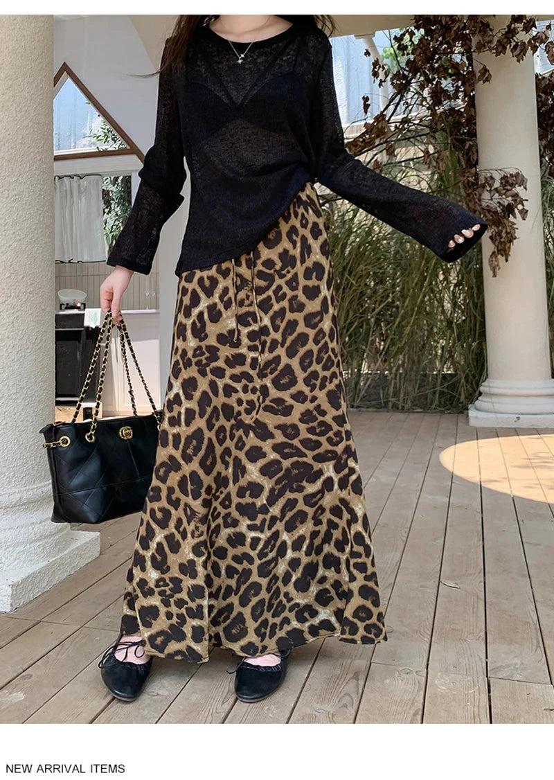 Sexy Slim Leopard Long Skirts Women High Waist Retro Streetwear Y2K Skirt Fall Casual Harajuku American Vintage Long Skirt voguable