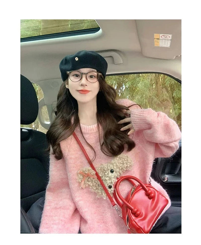 Cute Cartoon Pink Sweater Women Sweet Long Sleeve Knitted Kawaii Jumper Vintage Japan O Neck Lady Casual Lazy Wind Tops New voguable