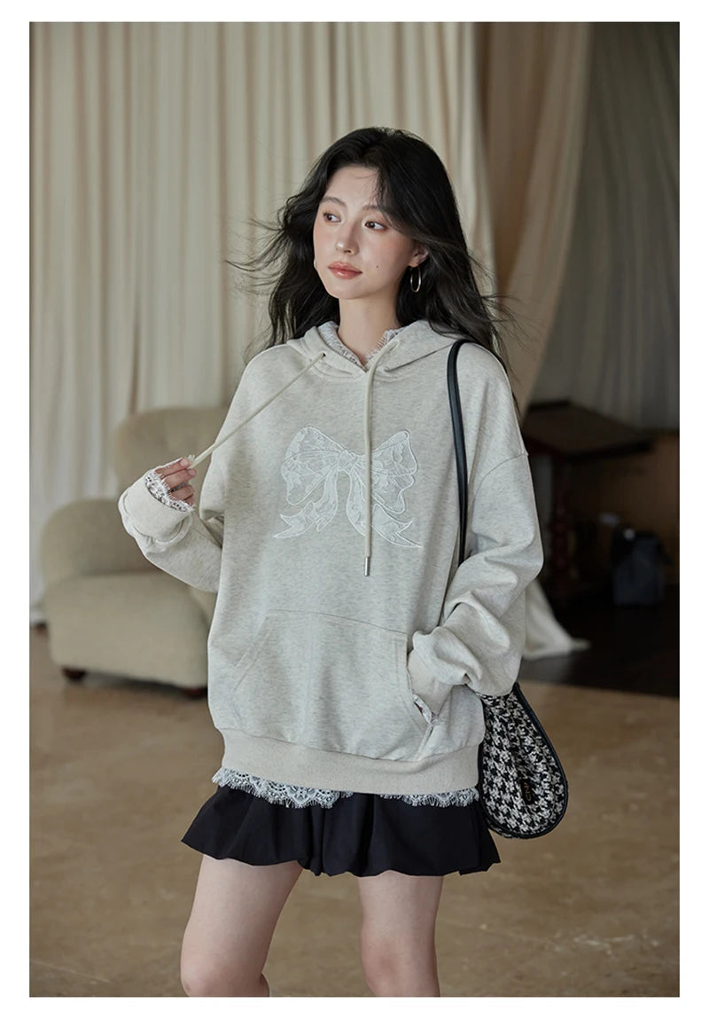 Lace Patchwork Cute Hoodies Women Loose Long Sleeve Bow Print Vintage Pullover Korean Casual Female Preppy Style Sweet Tops voguable