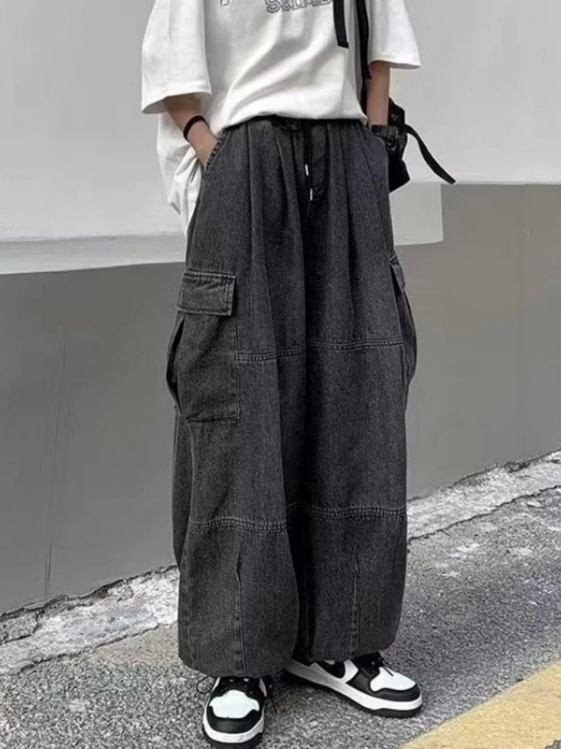 2024 Spring Autumn Men Baggy Jeans Men Wide Leg Pants Big Pockets Elastic Waist Streetwear Trousers Male Loose Denim Pants voguable
