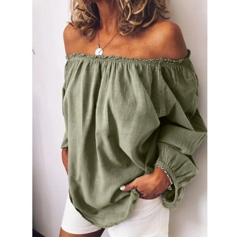 Voguable  Oversized Off Shoulder Casual Slash Neck Pleated Solid Color Long Sleeved Blouse Spring  Lightweight Loose Simple Women's Shirt voguable