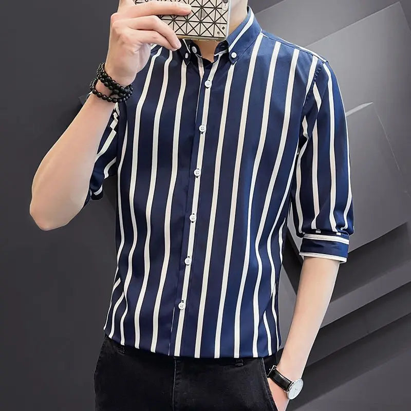 Voguable  Summer Men's Striped Seven Quarter Sleeve Shirt Youth Fashion Korean Version Slim Fit Five Quarter Sleeve Shirt voguable