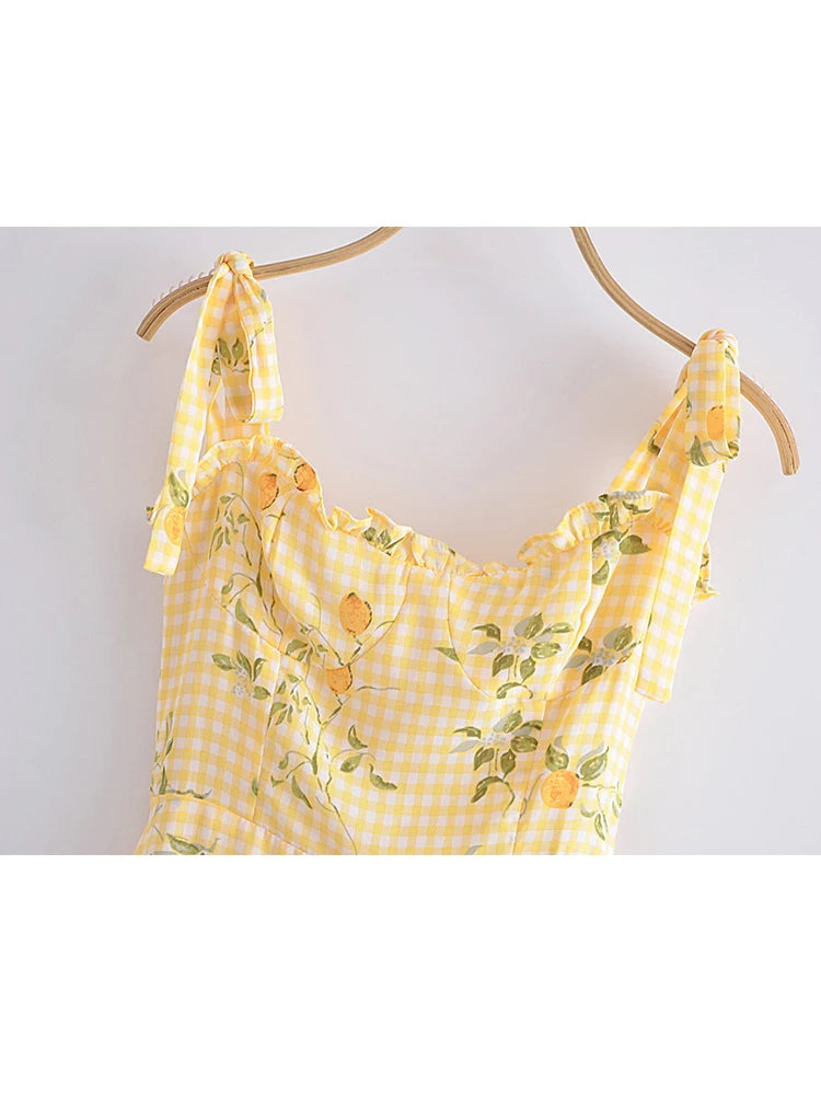 Voguable  Women Plaid Lemon Print Yellow Sling Short Dress Vintage Ladies Summer A-line Chiffon Dress French Style voguable