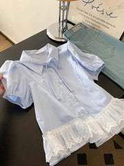 Casual Sweet Blue Shirt Women Cute Lace Patchwork Bow Blouse Vintage French Preppy Style Short Sleeve Elegant Kawaii Tops voguable