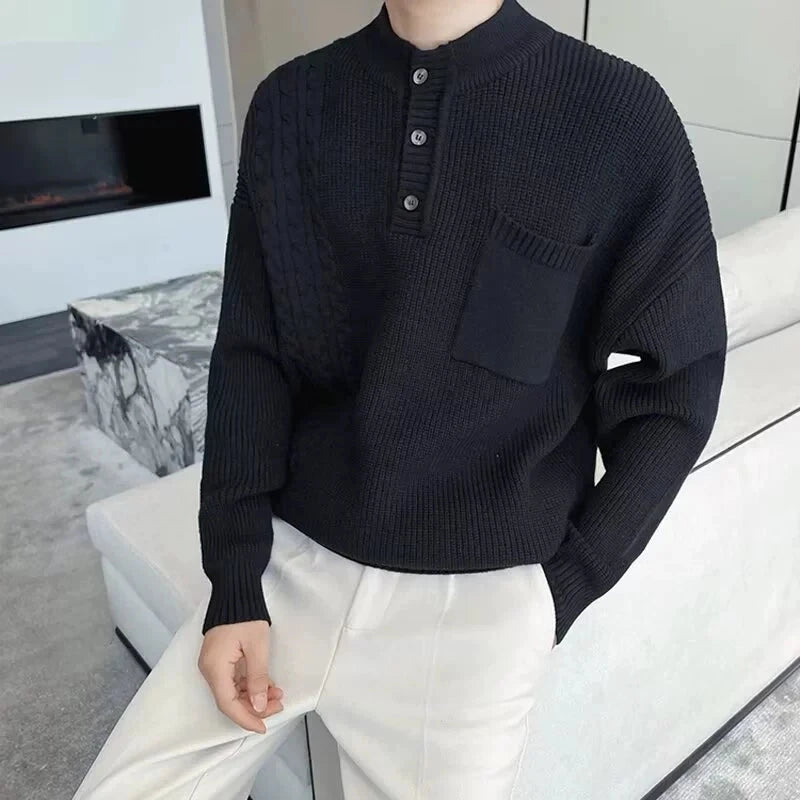 Korean Popular Men's Henry Collar Sweater Light Luxury Knit Long Sleeve Button Pullover Trending Jacquarded Solid Color Knitwear voguable