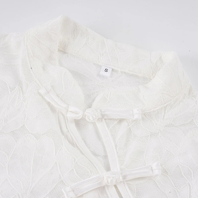 Voguable  Vintage Chinese Style Stand Collar Slanted Buttons Floral Lace White Hollow Out Sxy T-shirts for Lady Summer Evening Party Top voguable