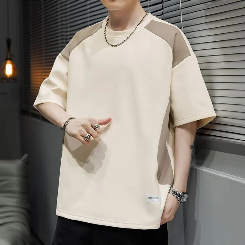 Voguable  Contrasted Color Splicing Short-sleeved T-shirt Men's Summer Two-piece Casual Loose Round Neck Pullover voguable