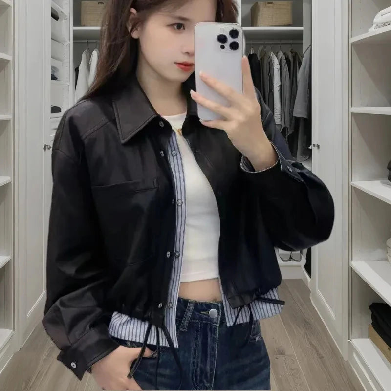 Vintage Patchwork Crop Jacket for Women Autumn Streetwear Splicing Pu Leather Outerwear Y2K Gothic Single Breasted Female Coat voguable
