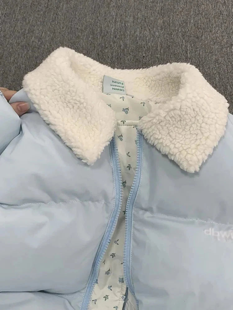 Blue Floral Patchwork Parkas Women Korean Sweet Winter Warm Puffy Coat Casual Long Sleeve Loose Preppy Style Cotton Jacket voguable