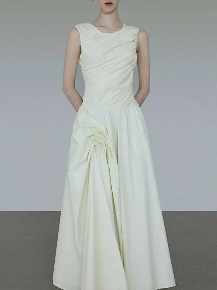 Solid Fold Design Long Dresses For Women High Waist Round Neck Sleeveless Elegant Dress Female Autumn 2025 New voguable