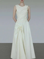 Solid Fold Design Long Dresses For Women High Waist Round Neck Sleeveless Elegant Dress Female Autumn 2025 New voguable