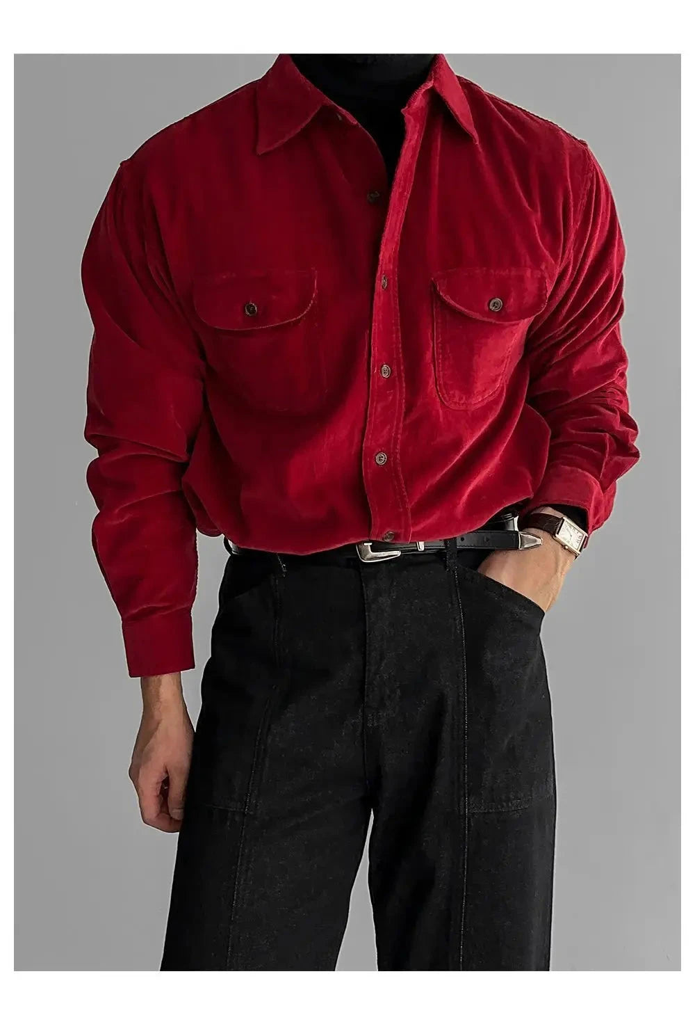 Korean High-end Shirt Temperament Red Corduroy Long-sleeved Shirts Men Women Spring Loose Lazy Trendy Tops Aesthetic Chic Blouse voguable