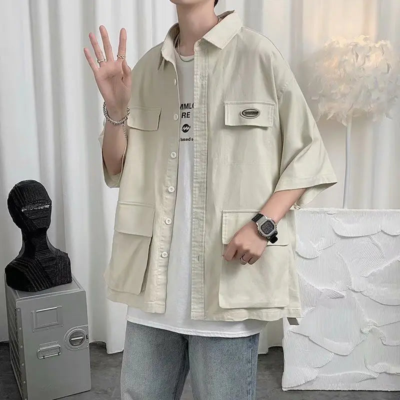 Voguable  Shirts for Men with Pocket Cargo Man Shirt Loose Korean Style Casual Asia Cool Hipster Original Half Sleeve Normal Collar I Xxl voguable