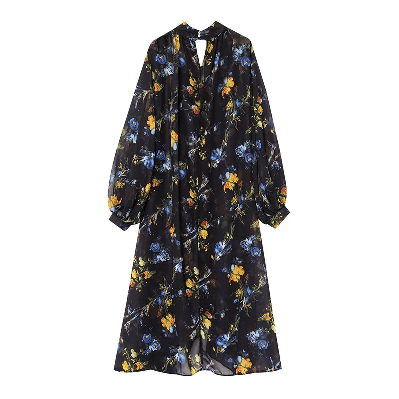 Floral Print Loose Midi Long Dresses Women Turtleneck Lantern Sleeve Boho Vestidos Spring Summer Lady Vacation Dress voguable