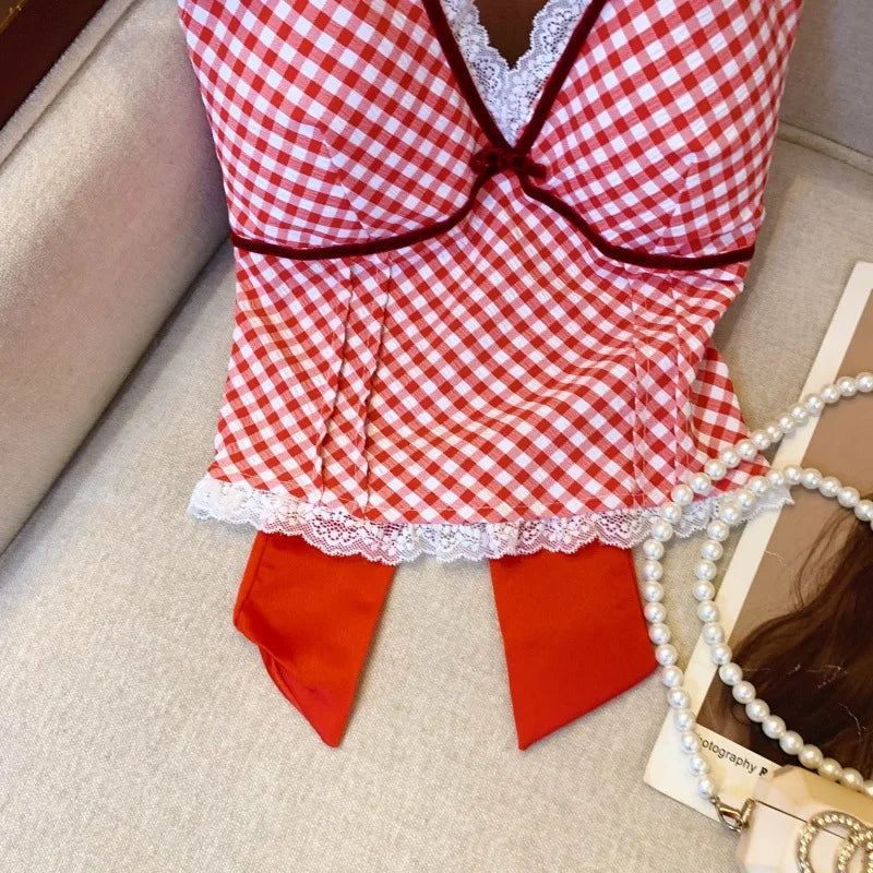 French Sweet Spicy Camis Hanging Neck Camisole Lace Patchwork Plaid Print Short Top Sexy Deep V-neck Bandage Halter Crop Tops voguable