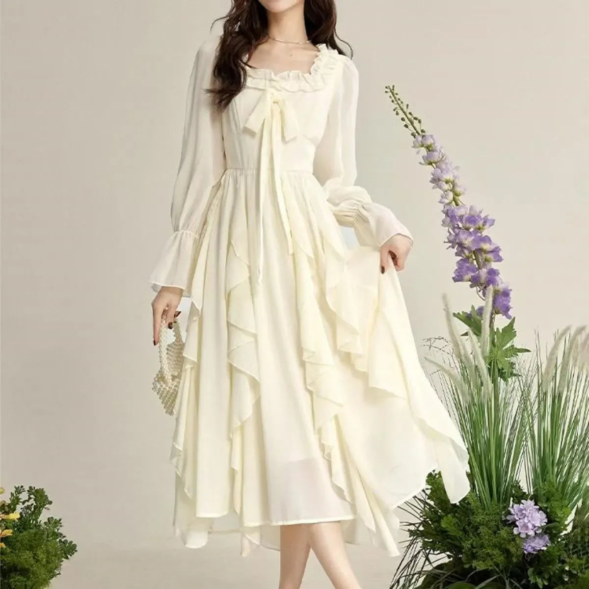 Voguable  French Square Collar Ruffled Fairy Apricot Dress Women Summer Slimming Belly Covering Seaside Holiday Chiffon Long Dresses voguable