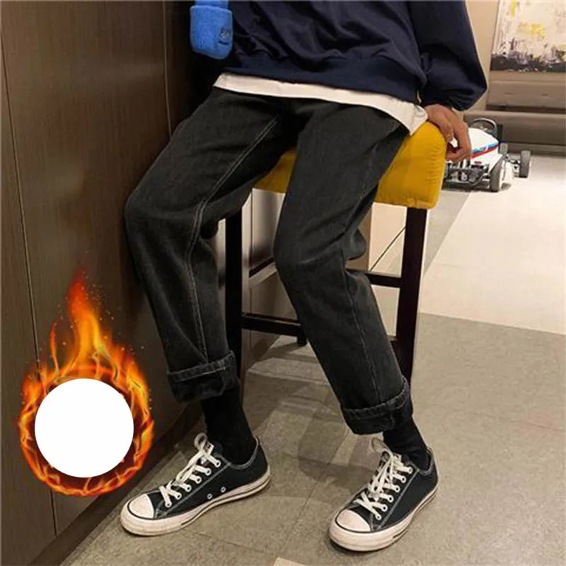 KPOP Fashion Style Harajuku Slim Fit Trousers Thickening All Match Casual Pants Pockets Straight Cylinder Korean Style Jeans voguable
