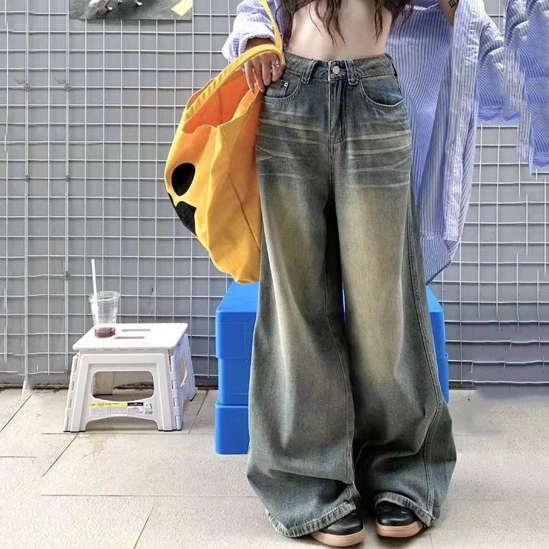 Voguable  Vintage Washed Distressed Wide Leg Jeans Woman Lazy Style High Waist Denim Long Pants Woman Korean Casual Loose Straight Jeans voguable