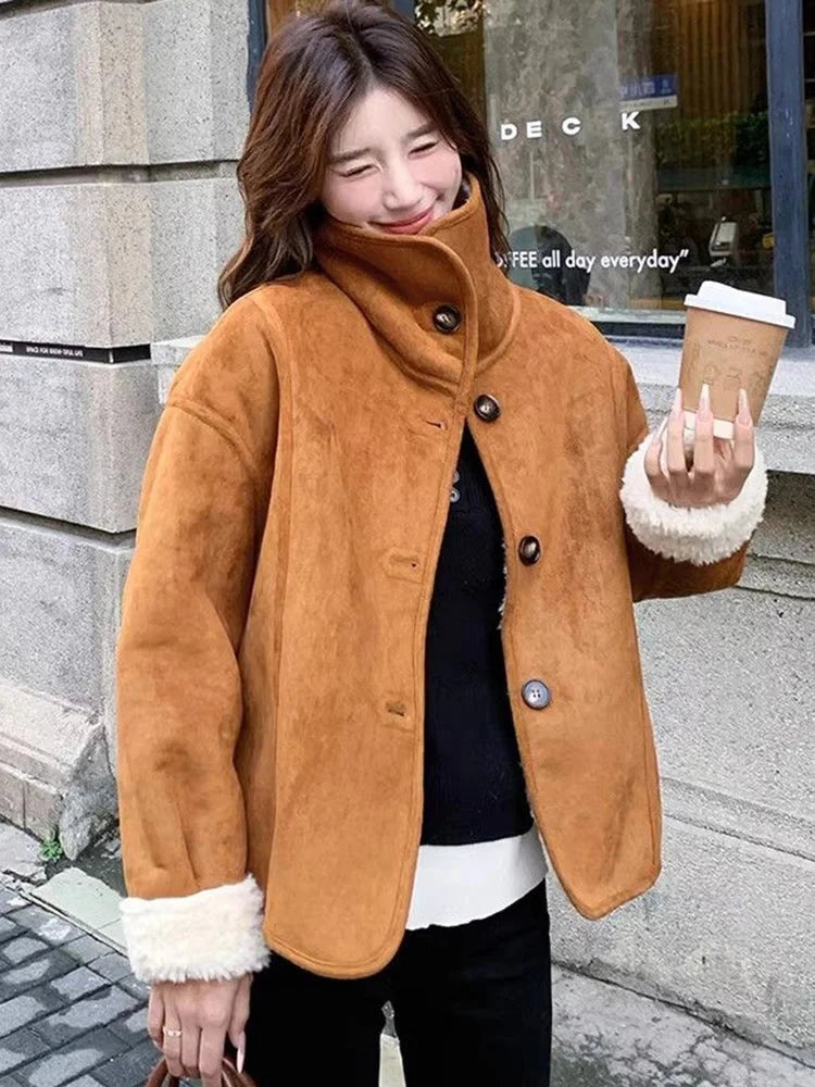 Y2K Faux Lamb Suede Jacket Women Warm Winter Streetwear Retro Coat Korean Casual Loose Long Sleeve Single Breasted Outwear voguable