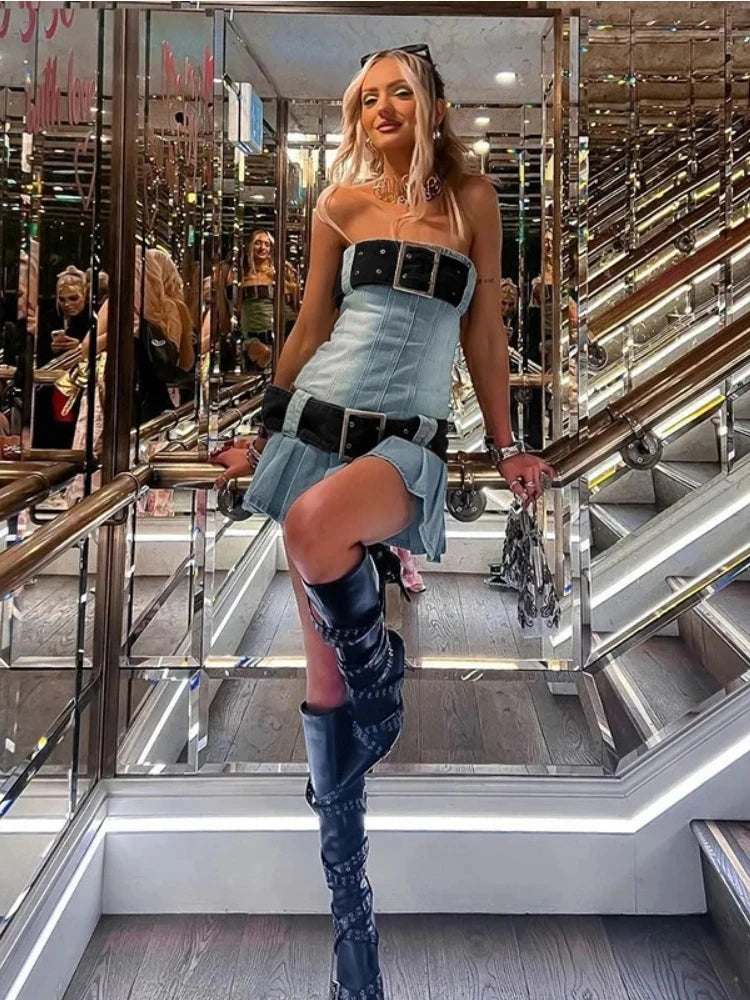 Vintage Y2k Strapless Denim Dress Women Summer Bodycon Sexy Korean Fashion Kpop Belt Pleated Mini Dress 2000s Streetwear voguable