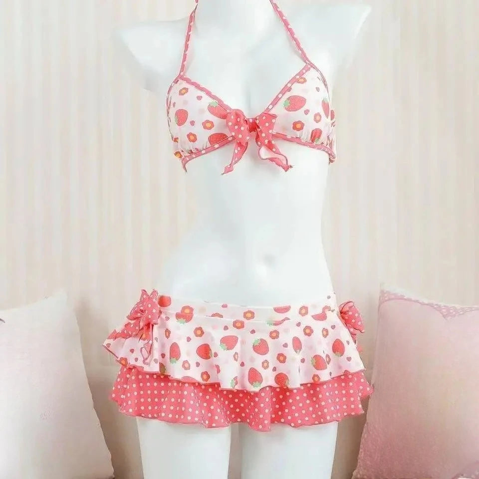 Voguable  Japanese Style Kawaii Girls Swimsuit Sweet Printed Halter Bikini Swimsuit Women Ruffle Bikini Set Bather Bathing Suit Swim voguable