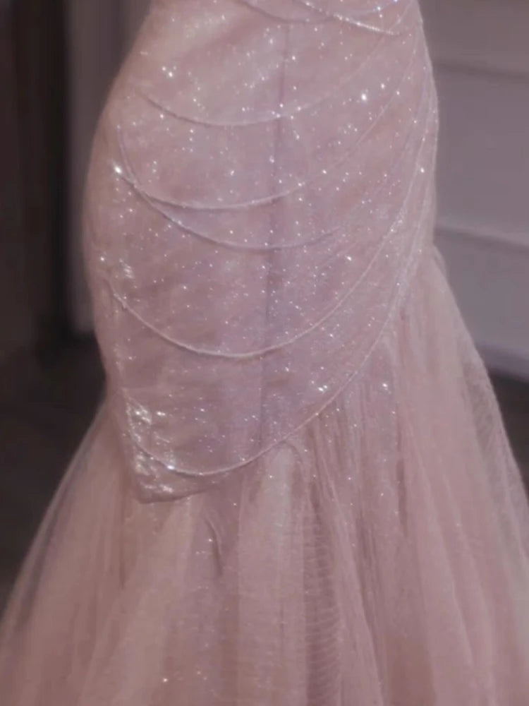 Voguable Rose Pink Mermaid Evening Dresses Pleat Asymmetry Chain Shiny Sequined Long Slim Fairy French Celebrity Prom Party Gowns Woman voguable