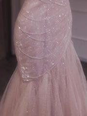 Voguable Rose Pink Mermaid Evening Dresses Pleat Asymmetry Chain Shiny Sequined Long Slim Fairy French Celebrity Prom Party Gowns Woman voguable