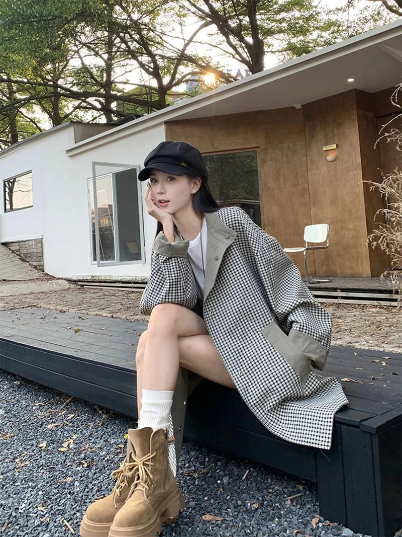 Korean Chic Elegant Jacket Women Loose Design Double Sided Wear Plaid Coat Fall Fashion Long Sleeve Sweet Pockets Outwear voguable