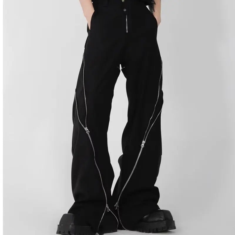 American Trendy Brand Men Black Zipper Design Slit Slightly Flared Pants Vertical Feeling Straight Casual Pants Retro Trousers gotmes-shop