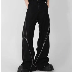 American Trendy Brand Men Black Zipper Design Slit Slightly Flared Pants Vertical Feeling Straight Casual Pants Retro Trousers gotmes-shop