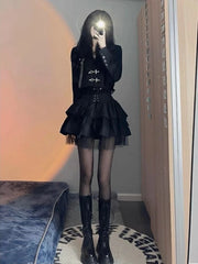 Voguable Vintage Black Jackets Suit Korean Fashion 2 Piece Sets Casual Short Blazers Coat + Slim Mini Cake Skirt Woman Autumn Design voguable